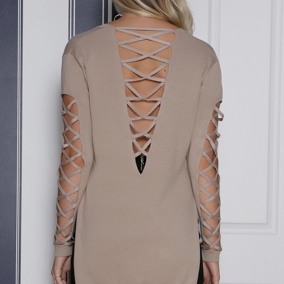 Runaway taupe sweater with cross cross back and sleeves size M side slits - Picture 1 of 7
